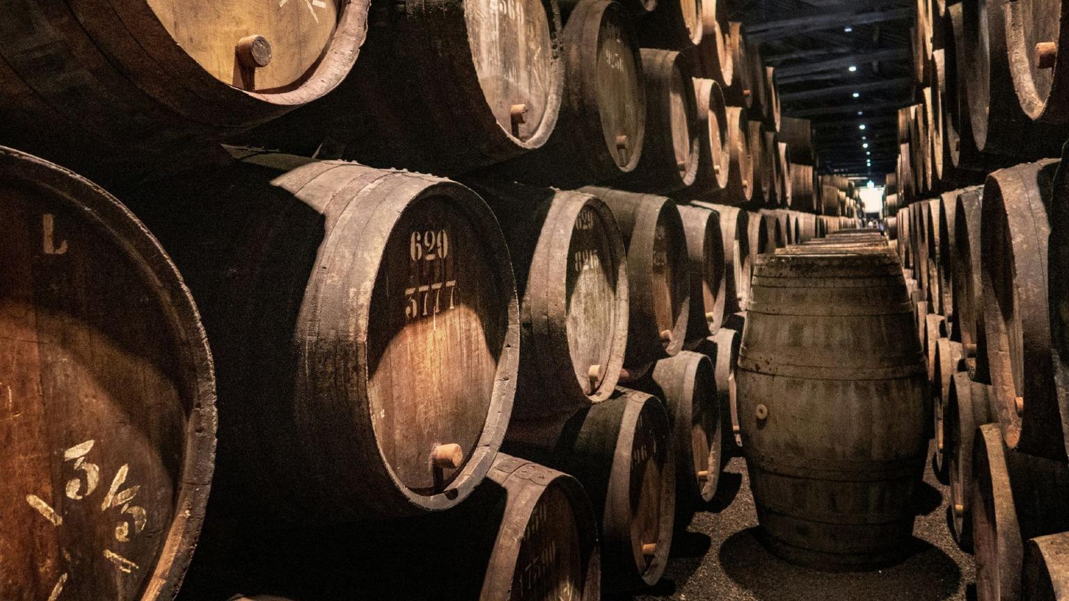 Image of several wine barrels in a traditional wine cellar in the region