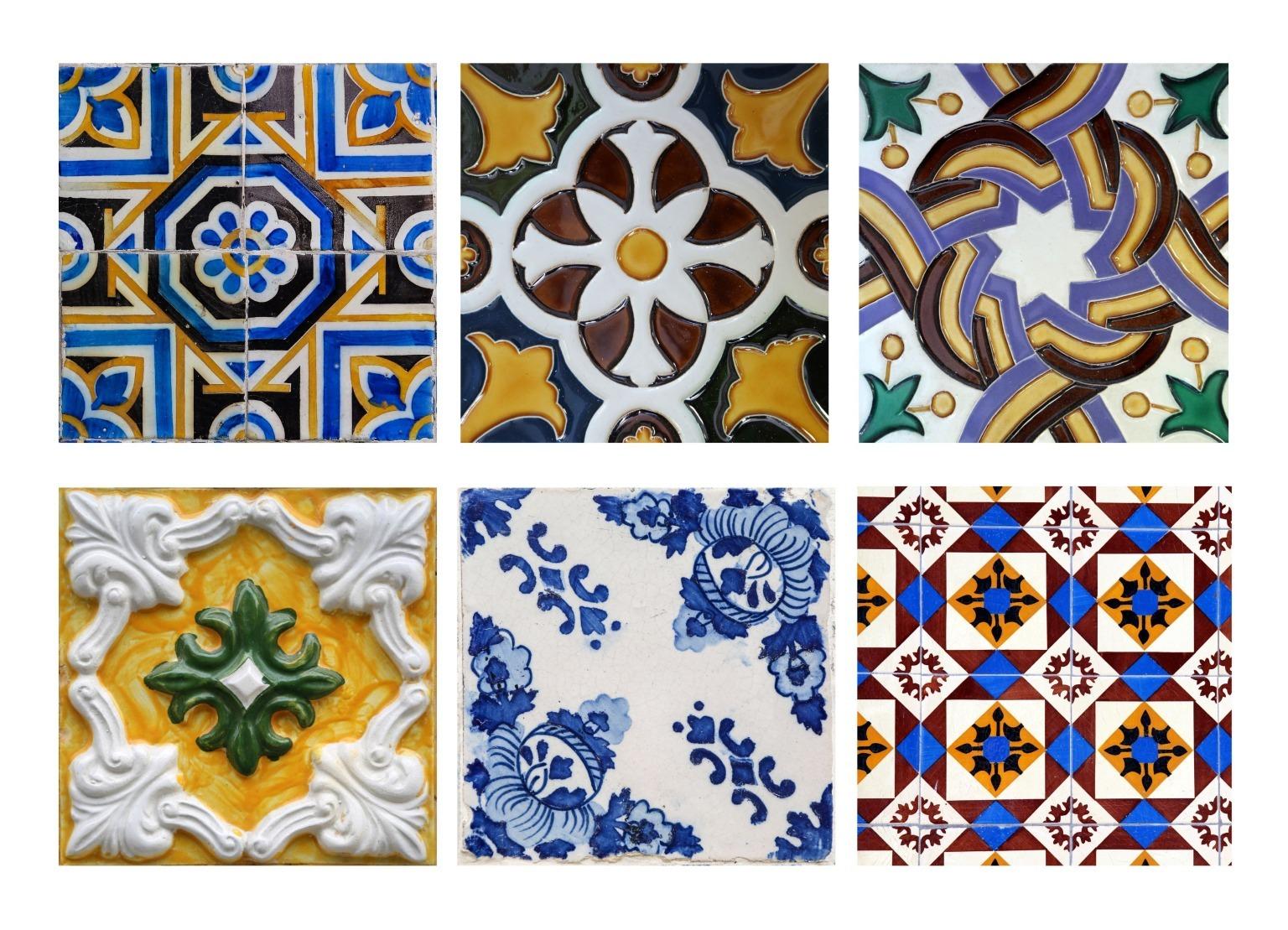 Um conjunto colorido de azulejos portugueses, com desenhos intrincados e património cultural.