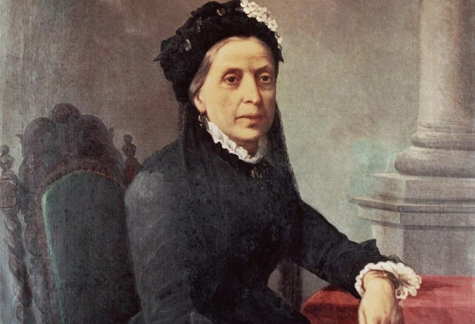 Portrait d'époque d'une femme distinguée, Dona Antonia Ferreira Douro, pionnière de l'industrie vinicole portugaise.