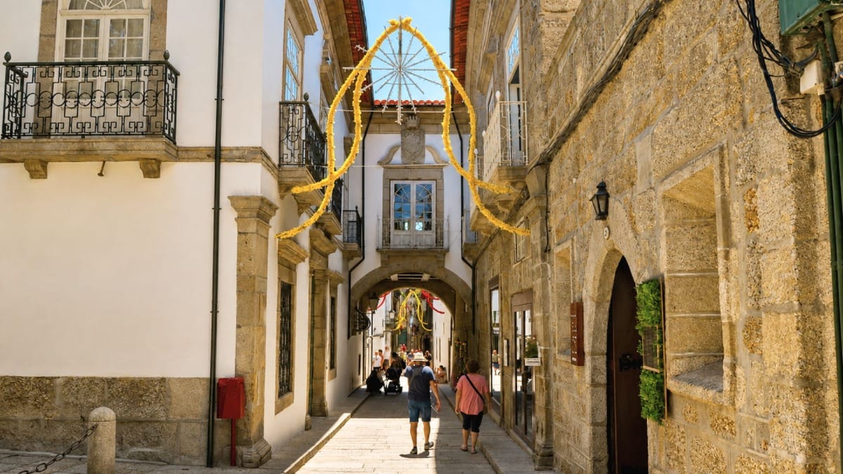 Historic buildings along Rua de Santa Maria, one of the oldest streets in Guimarães.