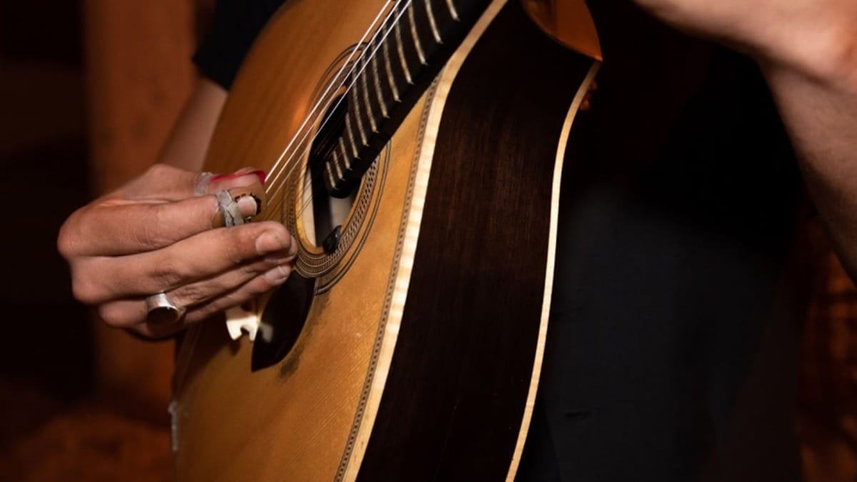 Músico tocando guitarra portuguesa durante la Cena de Fado y Tour Nocturno en Oporto con Cooltour Oporto