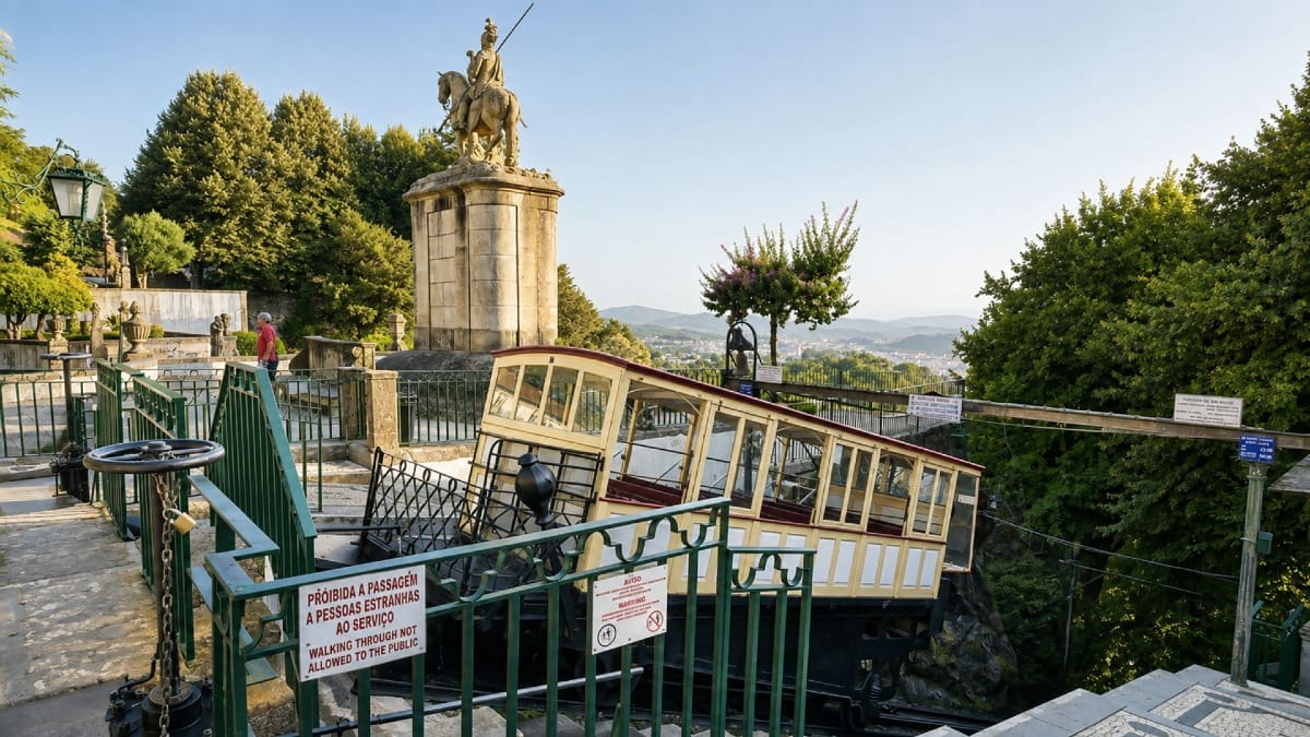 Bom Jesus do Monte's historic water-powered funicular and panoramic terrace overlooking the city of Braga.