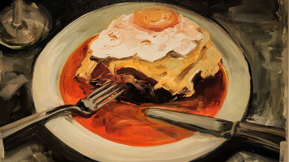 Pintura artística da icónica sandes Francesinha, símbolo da rica tradição culinária do Porto