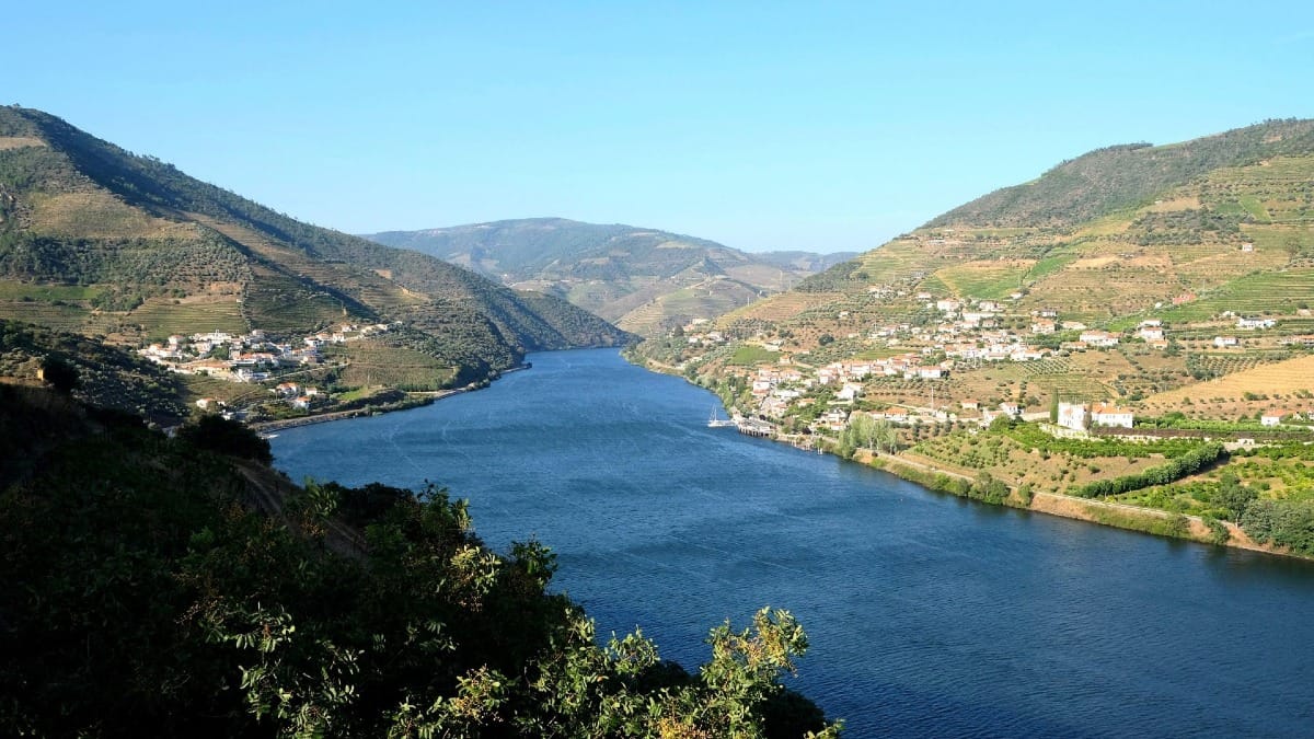 El Río Duero fluyendo entre colinas de viñedos en el Valle del Duero, Patrimonio Mundial de la UNESCO, durante un tour guiado de vinos con Cooltour Oporto