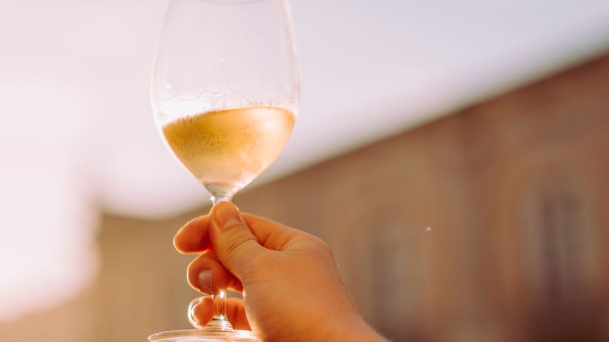 Copa de vino blanco del Algarve a contraluz durante un tour gastronómico en Faro