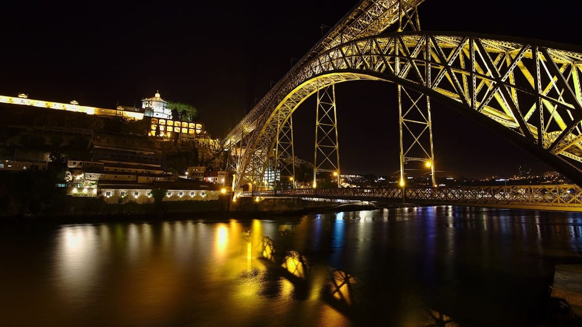 Night view of the LuĆs I Bridge, Serra do Pilar, and Douro River during the Fado Dinner Show and Night Tour in Porto with Cooltour Oporto