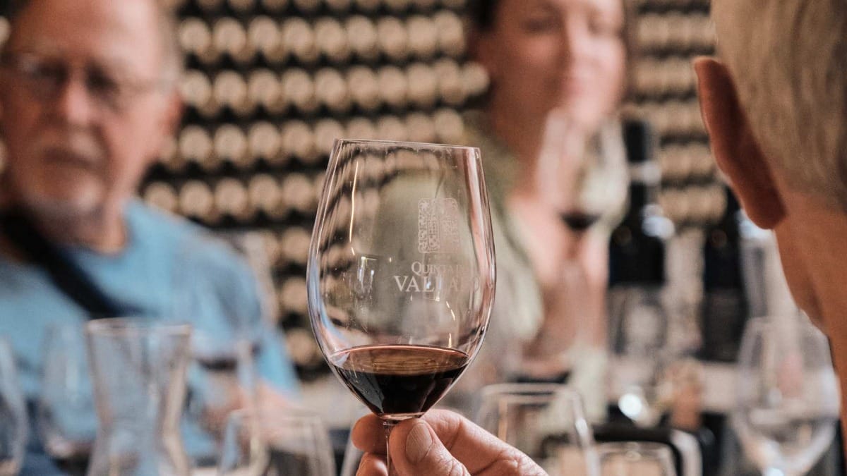 Gros plan sur un verre à vin levé lors d'une séance de dégustation à Quinta do Vallado, dans la région du Douro