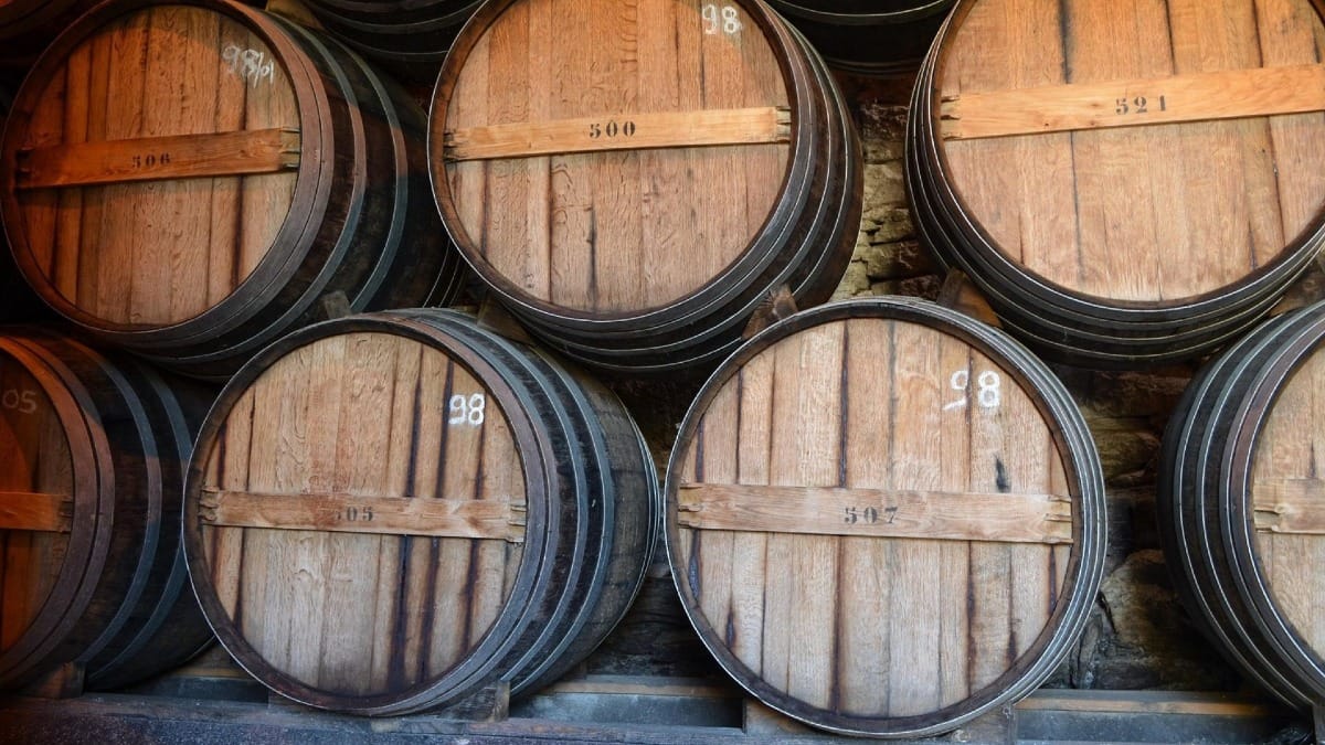 Barricas antiguas de vino de Oporto durante la visita y cata en una bodega