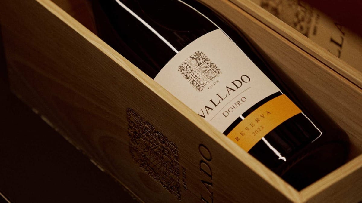 Close-up of Quinta do Vallado Douro wine bottle Reserva 2023 inside a wooden box
