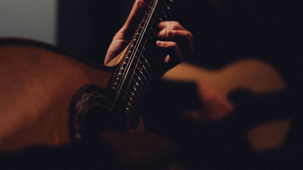 Músico tocando con emoción una guitarra portuguesa tradicional de 12 cuerdas