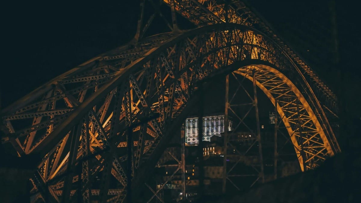Night lights of the LuĆs I Bridge and Ribeira seen from Gaia during the Fado Dinner Show and Night Tour in Porto with Cooltour Oporto