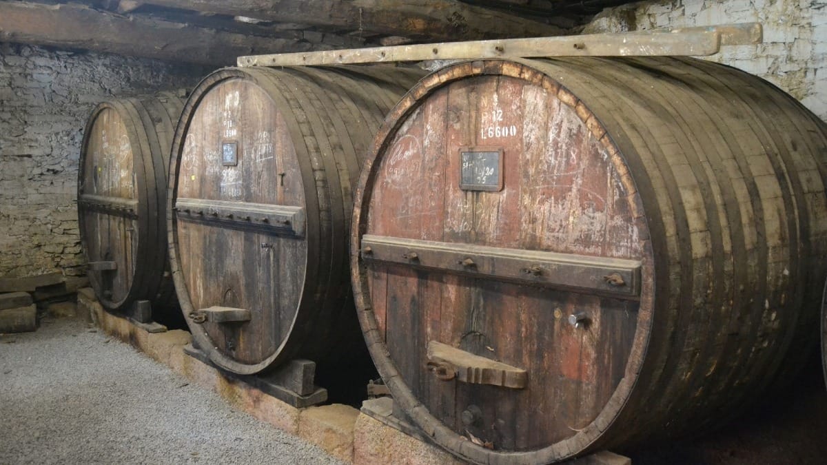 Barricas de vino de Oporto Tawny durante un tour por el Valle del Duero en Portugal