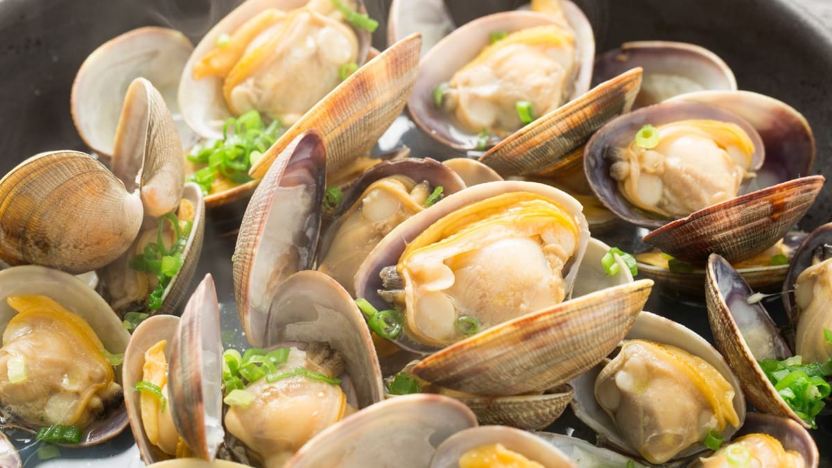 Palourdes de l’Algarve cuisinées à l’ail et au vin blanc, servies dans un plat en terre cuite