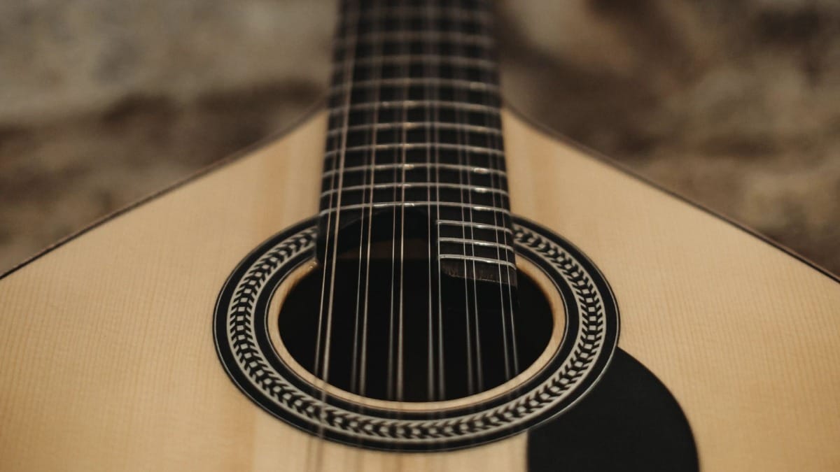 Close-up of a Portuguese guitar, a unique instrument used in Fado music