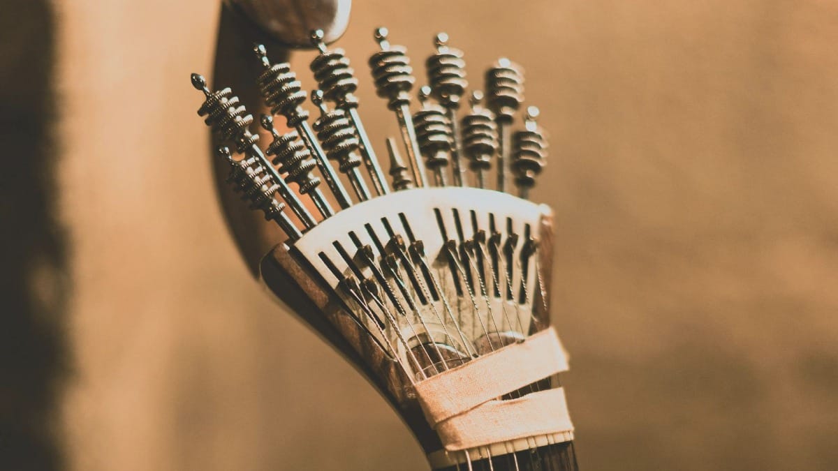 Detailed view of a Portuguese guitarās headstock with its twelve tuning pegs, used for traditional Fado music