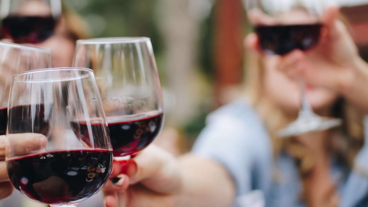 Grupo de convidados a brindar com copos de vinho tinto durante o tour gastronómico em Faro