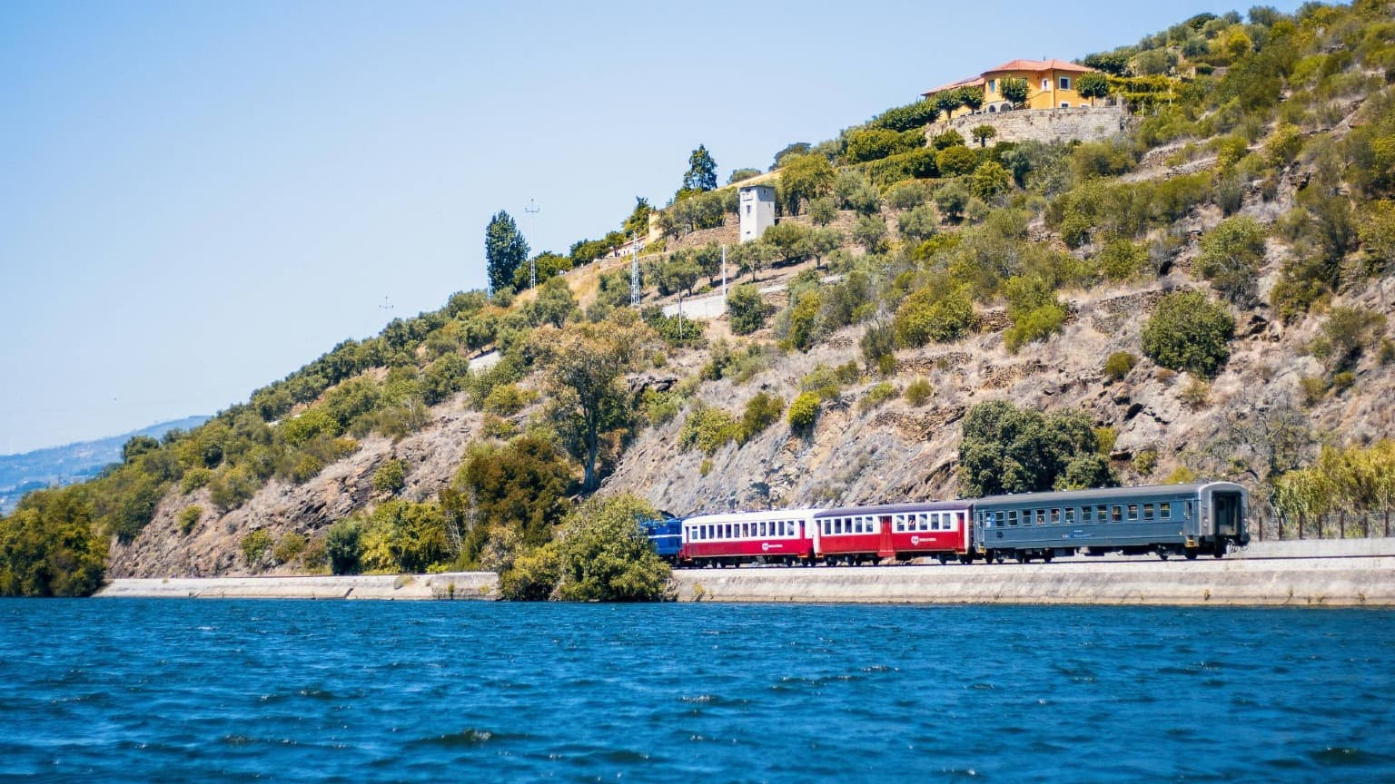 Scenic Douro Valley train from Porto traveling along the river near terraced vineyards