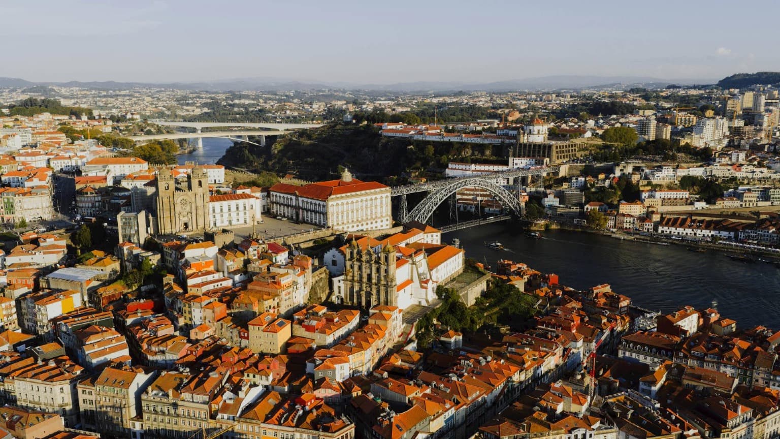 Aerial view of Porto Cathedral overlooking the Douro River, Luís I Bridge and Vila Nova de Gaia