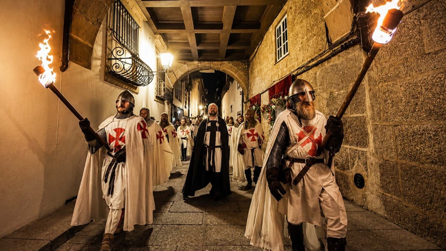 Procession médiévale aux flambeaux lors de la Festa Afonsina à Guimarães au Portugal