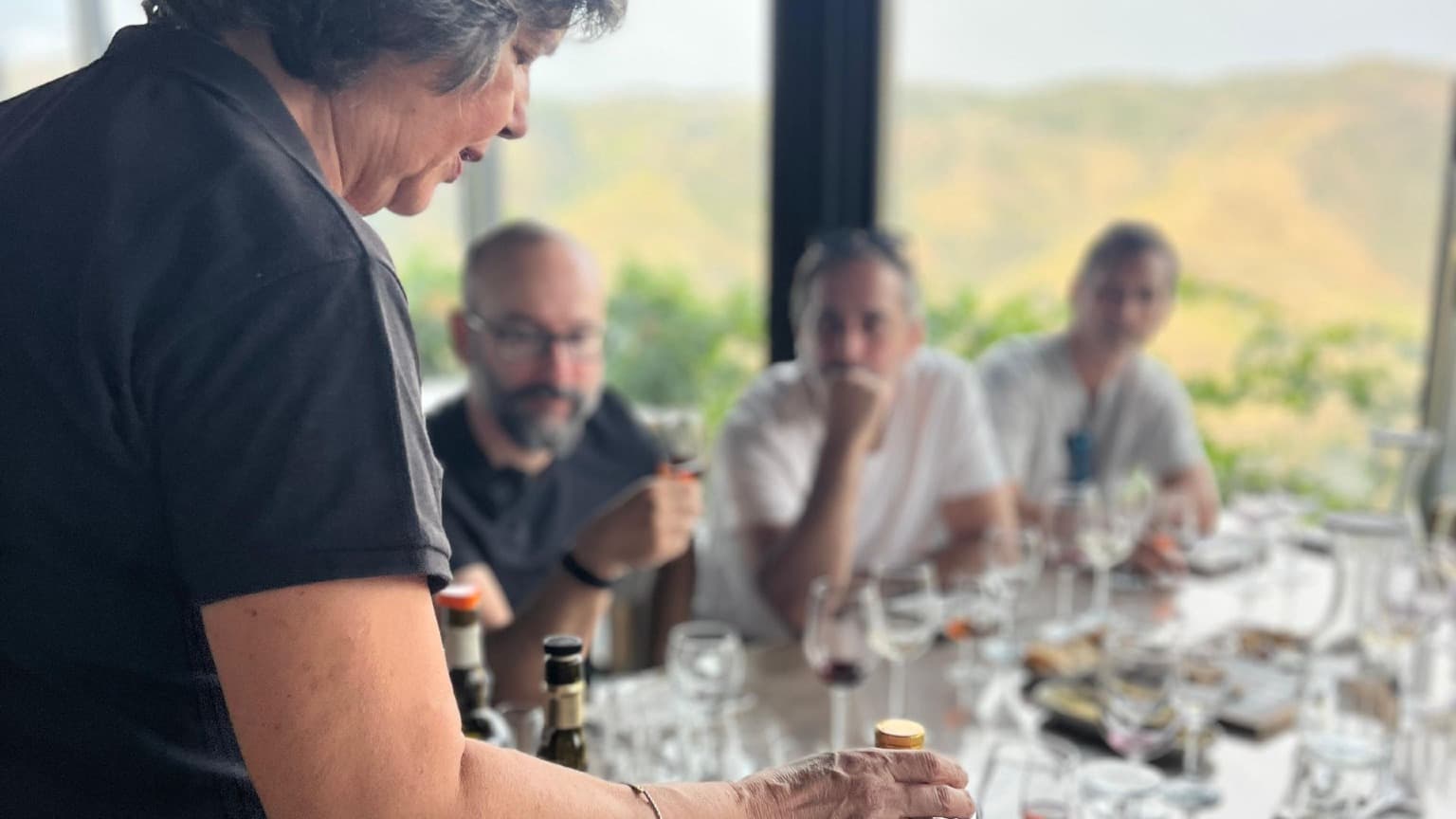 Experiencia de cata de vino de Oporto en el valle del Duero con invitados degustando vinos en un entorno de viñedos