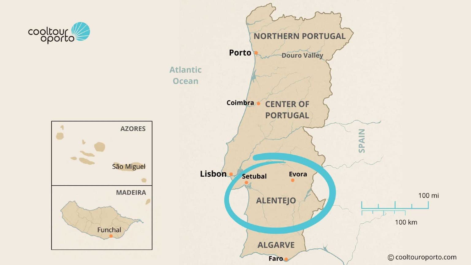 Mapa de Portugal en el que se destaca la región del Alentejo, conocida por sus retiros ecológicos, sus olivares y el turismo lento.