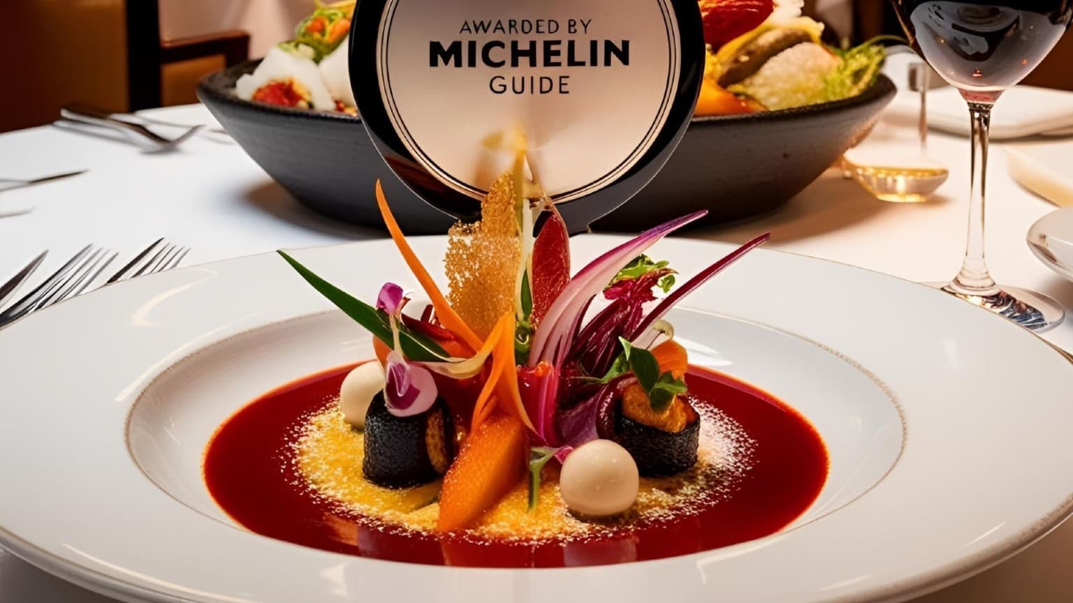 Um prato com estrela Michelin numa mesa, com o prémio e a menção Michelin exibidos em segundo plano.