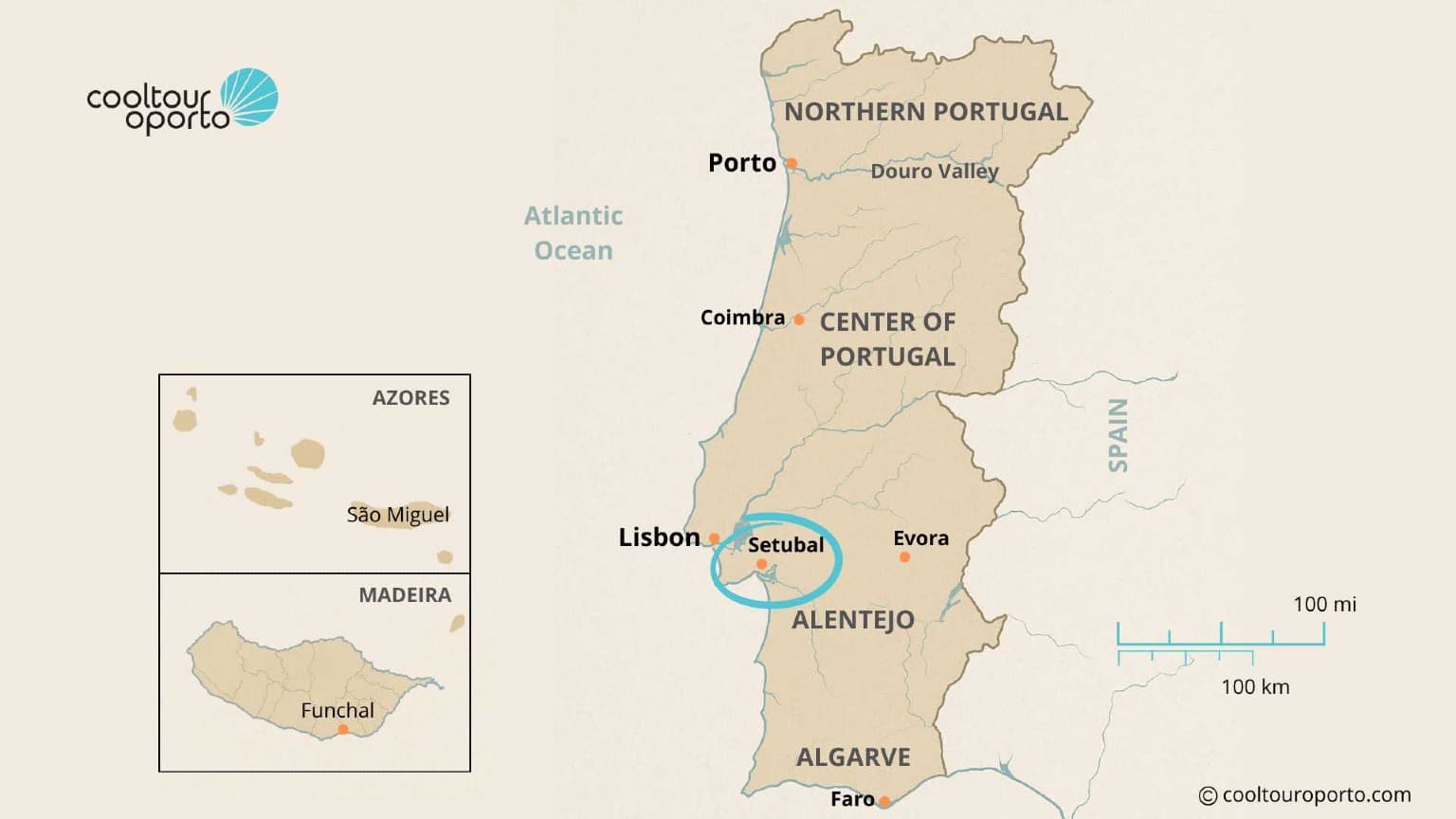 Mapa de Portugal destacando a região de Setúbal, com refúgios ecológicos de luxo na Arrábida e na Comporta.