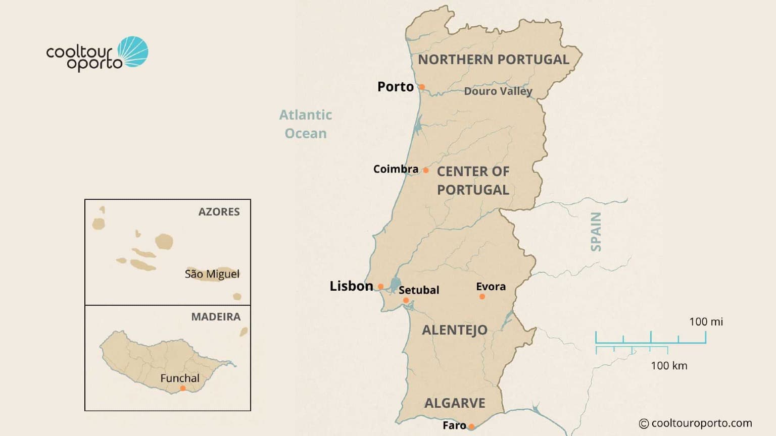 Mapa de Portugal destacando 10 regiões para viagens sustentáveis, incluindo Alentejo, Algarve, Açores, Centro de Portugal, Vale do Douro, Lisboa, Madeira, Norte de Portugal, Porto e Setúbal