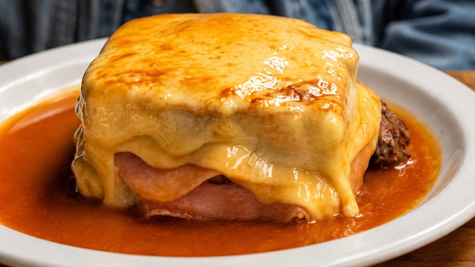 Traditional Francesinha served at Cantarinha restaurant in Porto with melted cheese and homemade sauce