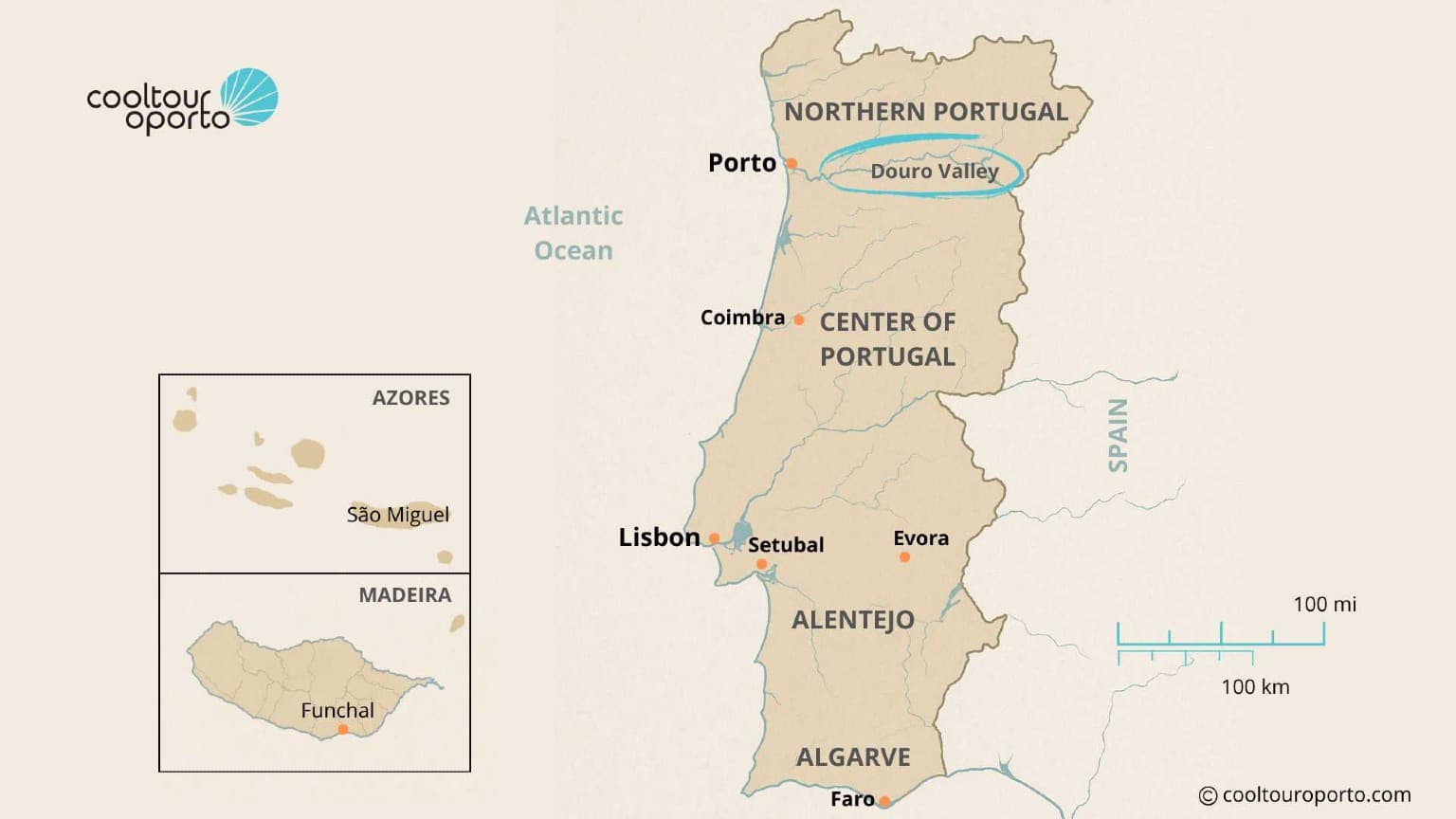 Map of Portugal highlighting the Douro Valley, known for green wine estates and regenerative tourism.