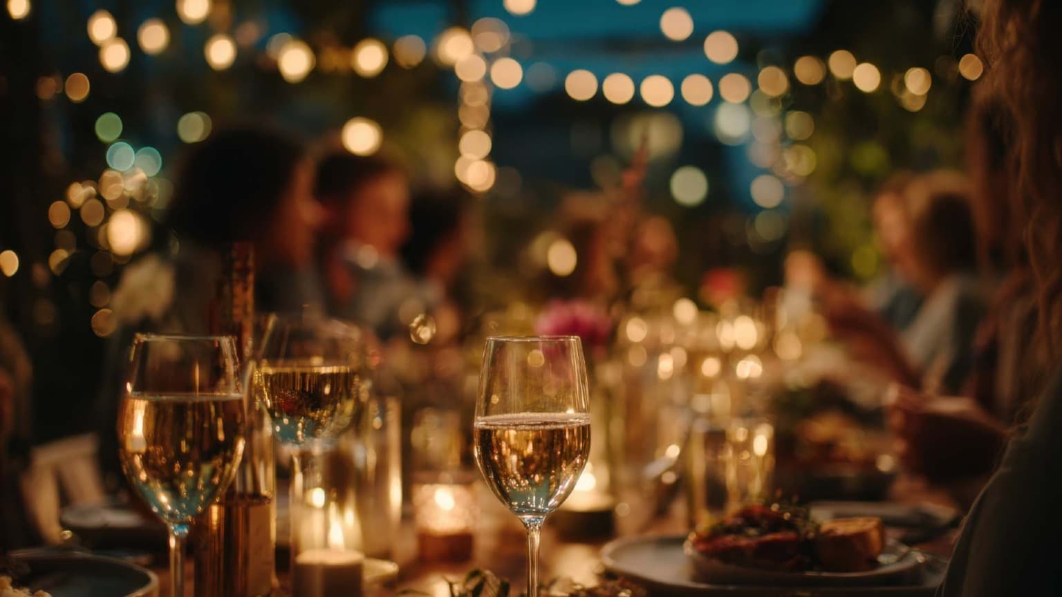 Mesa elegante de jantar de Réveillon com taças de champanhe e luzes festivas acolhedoras no Porto.