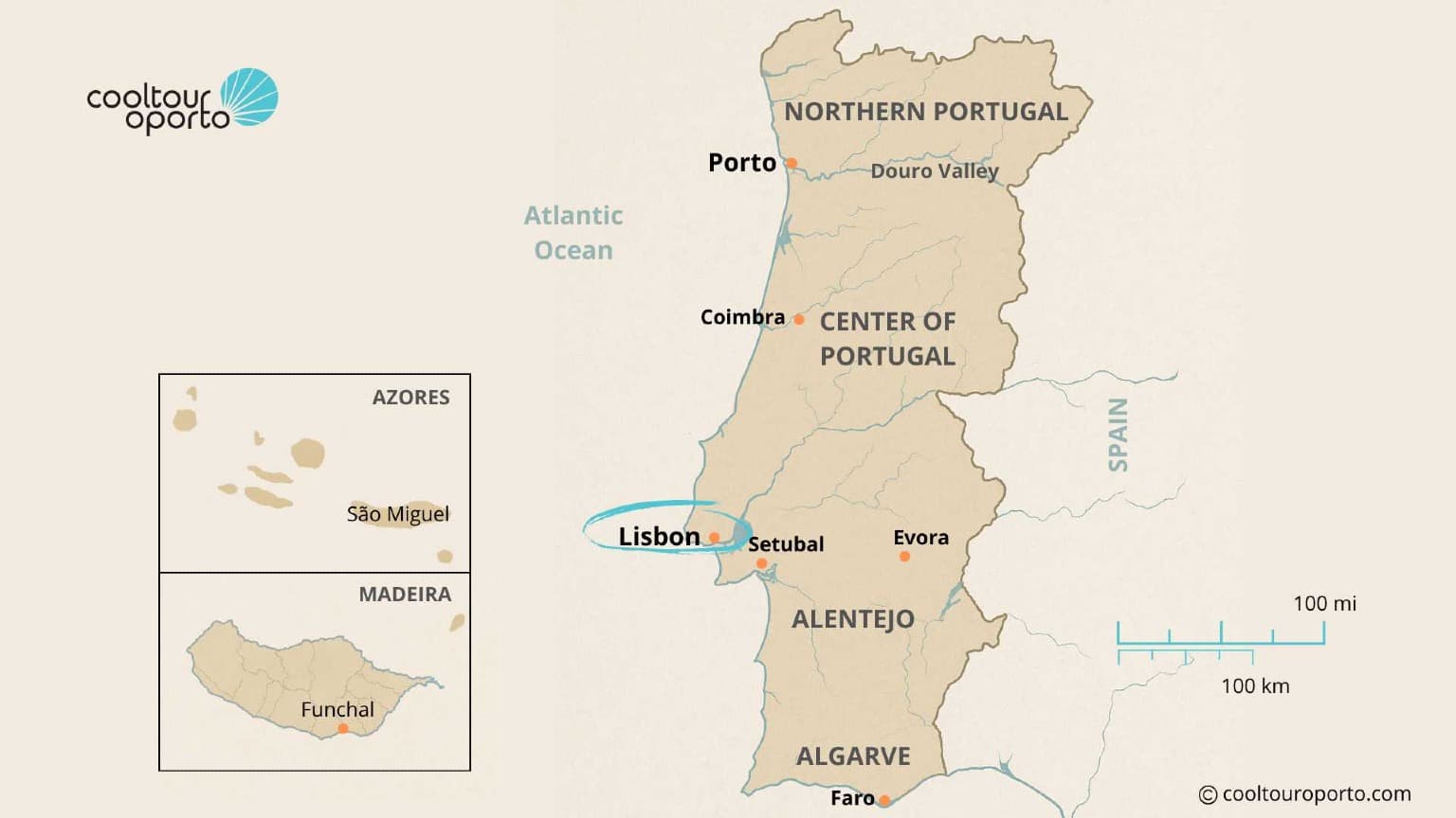 Map of Portugal highlighting the Lisbon region and its surroundings, featuring eco-hotels and coastal escapes.