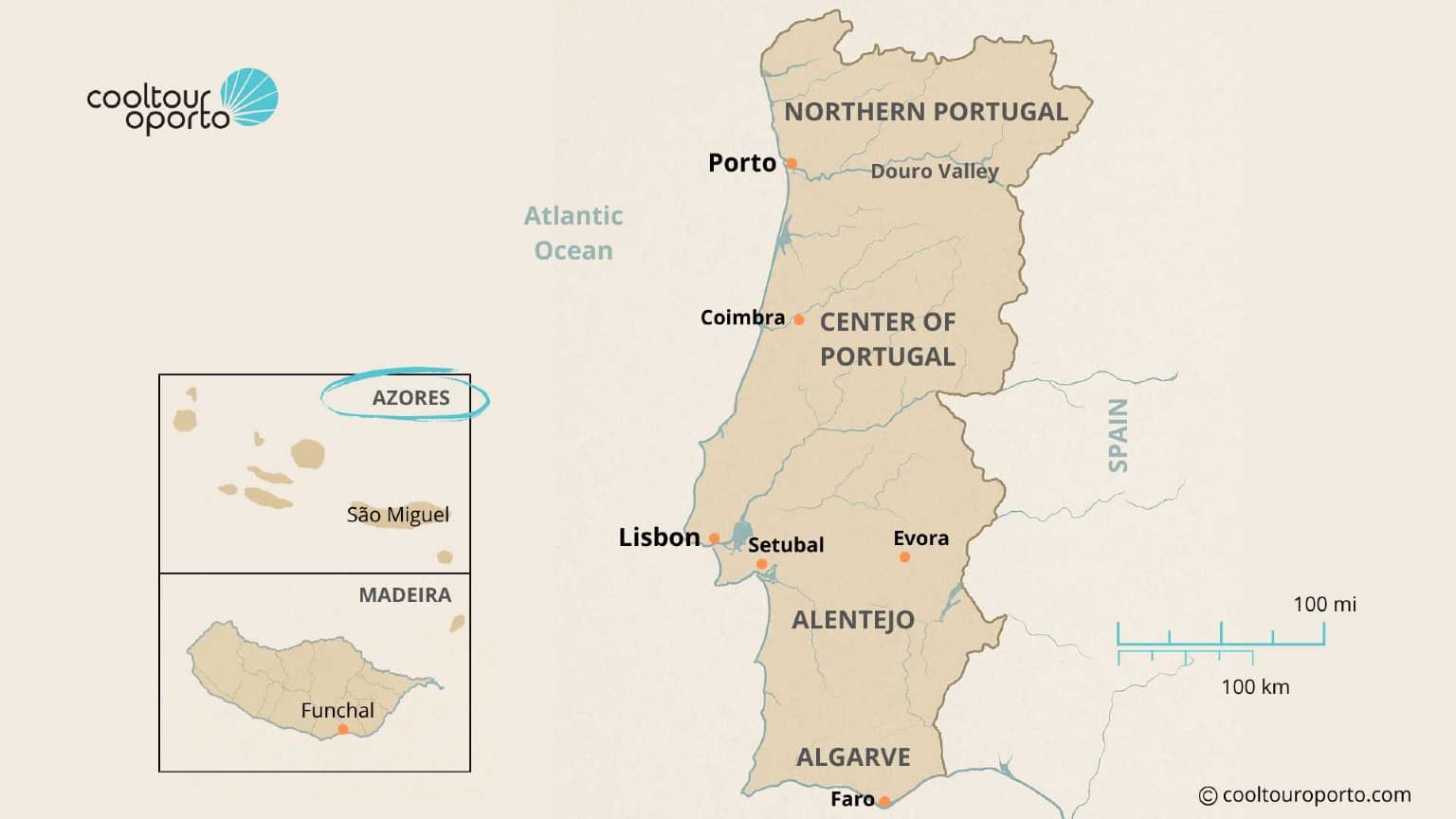 Mapa de Portugal en el que se destaca el archipiélago de las Azores, un destino líder en ecoturismo y conservación.