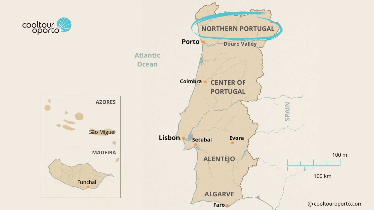 Mapa de Portugal en el que se destaca el norte del país, una región de cultura auténtica y turismo ecológico.