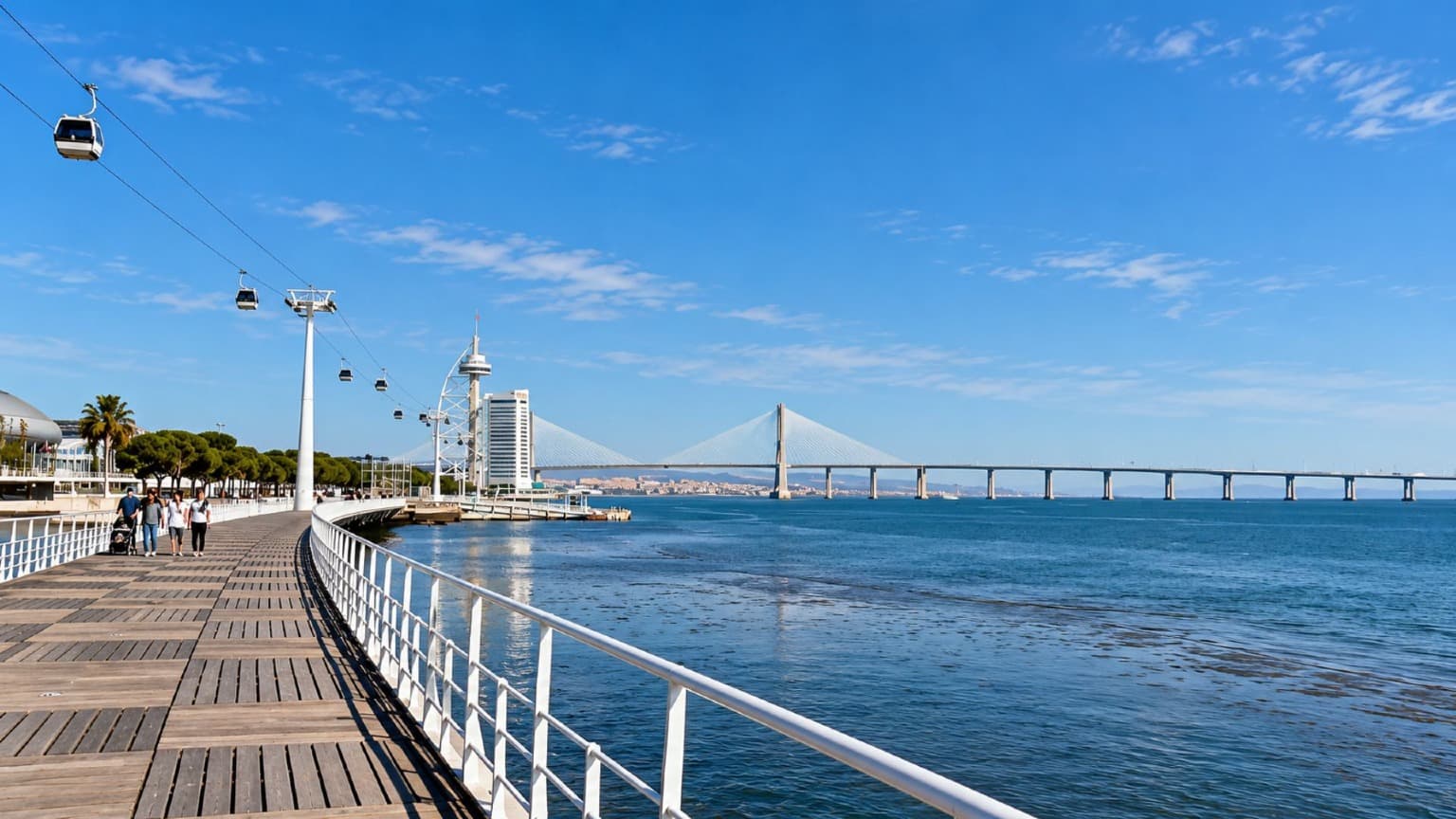Passeio ribeirinho do Parque das Nações com os teleféricos e a Ponte Vasco da Gama, em Lisboa
