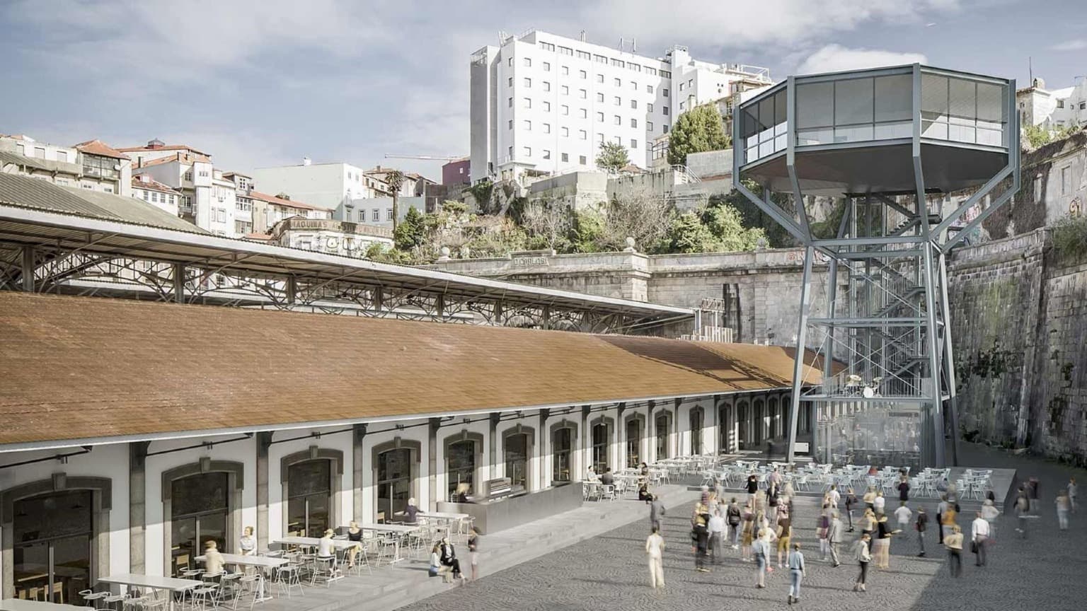 Vue latérale de la gare de São Bento, avec la tour emblématique conçue par Souto de Moura
