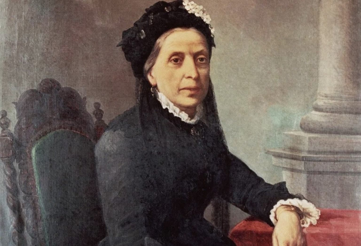Retrato de época de una mujer distinguida, Doña Antonia Ferreira Douro, pionera de la industria vinícola portuguesa.