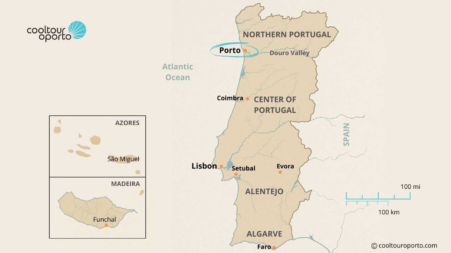 Carte du Portugal mettant en évidence Porto, une ville connue pour son charme, sa durabilité et ses escapades urbaines écologiques.