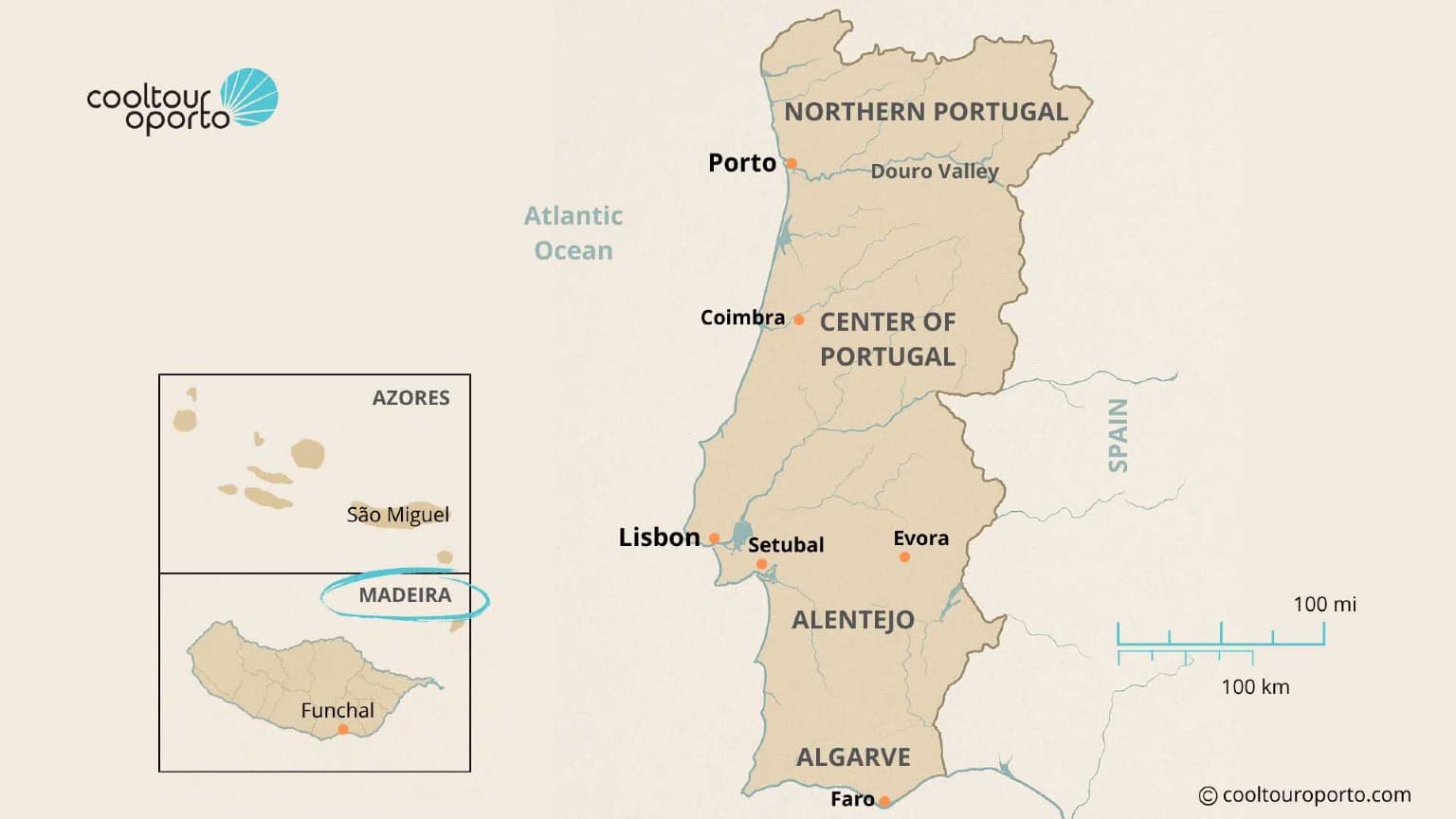 Mapa de Portugal destacando a Ilha da Madeira, um destino exuberante para caminhadas sustentáveis e alojamentos na natureza.