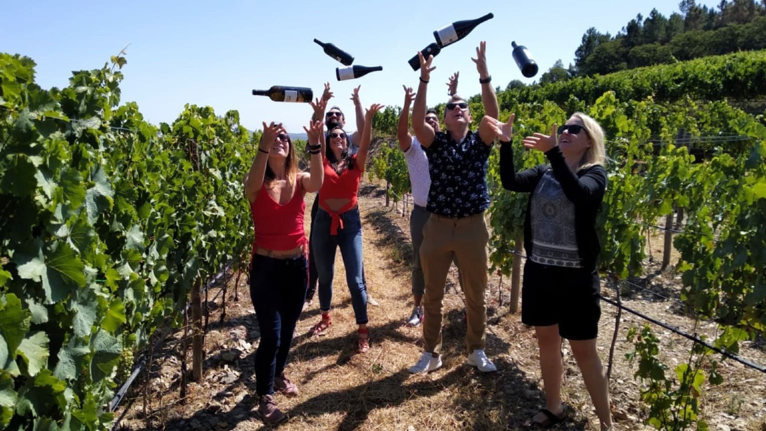 Des invités heureux font la fête dans un vignoble du Douro lors d'une visite guidée en petit groupe de la vallée du Douro organisée par Cooltour Oporto au départ de Porto.