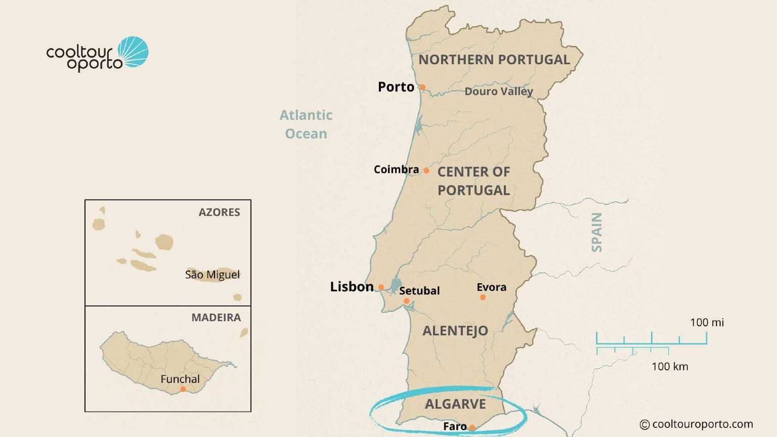 Mapa de Portugal destacando a região do Algarve, lar de refúgios sustentáveis à beira-mar e parques naturais.