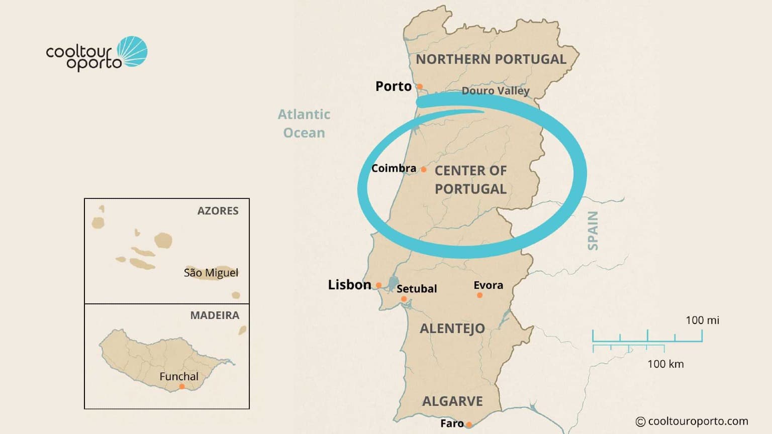 Mapa de Portugal destacando a região Centro, com aldeias sustentáveis, cidades termais e refúgios naturais.