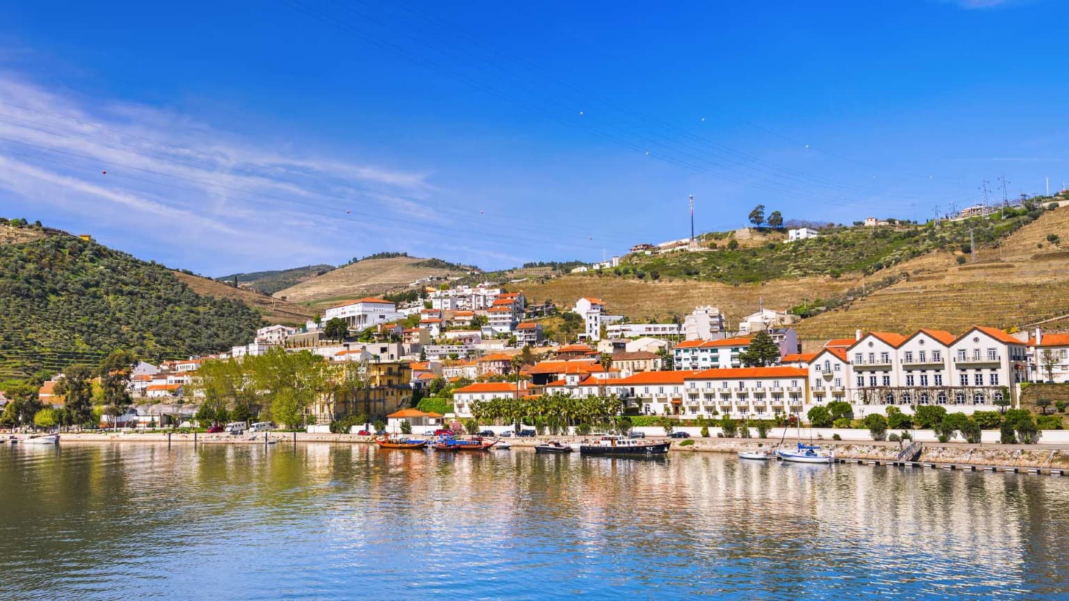 Riverside view of Pinhão village in the Douro Valley with traditional boats and vineyard hills in the background