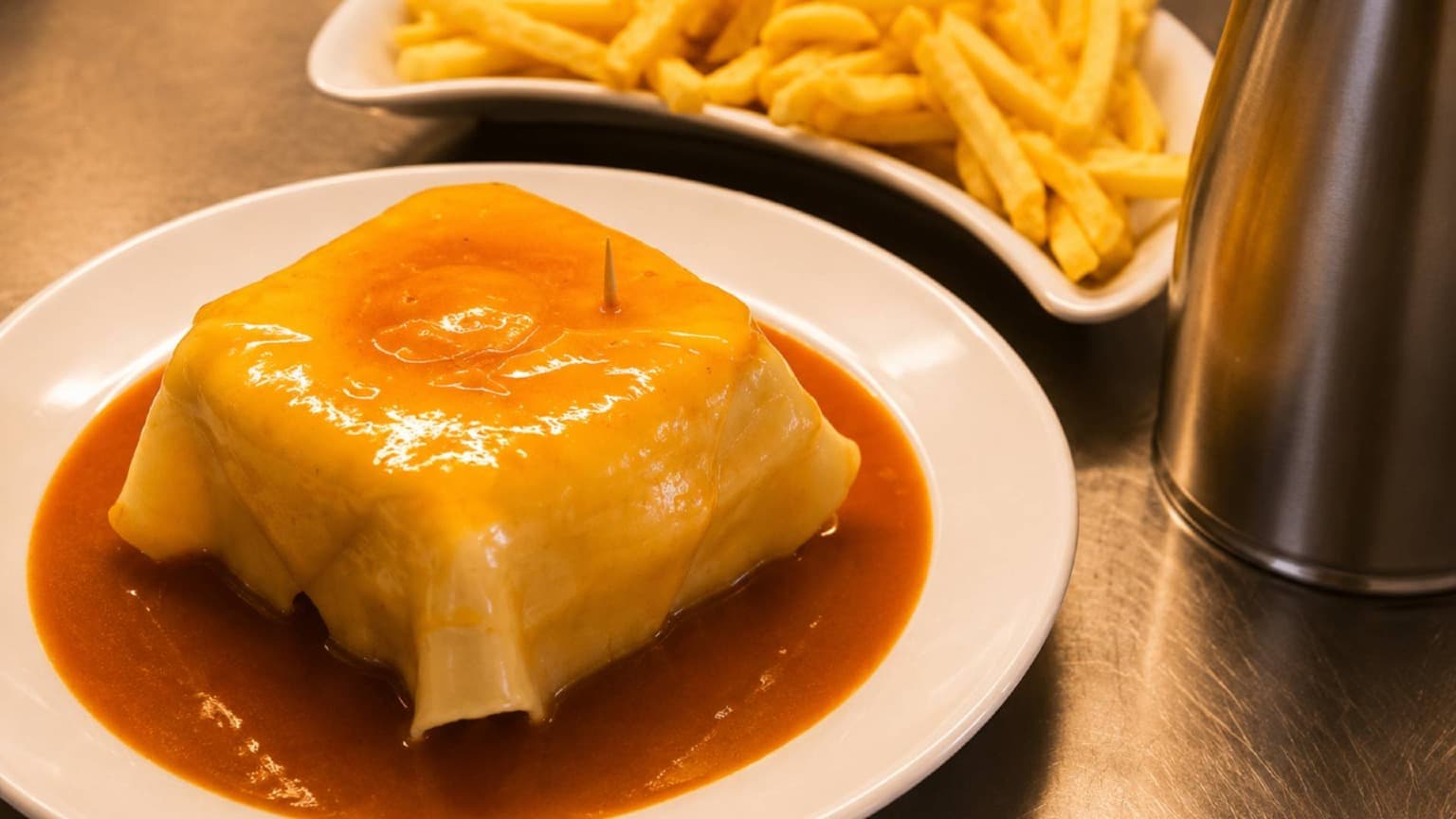 Traditional Francesinha served at Café Santiago in Porto with melted cheese, signature sauce, and French fries