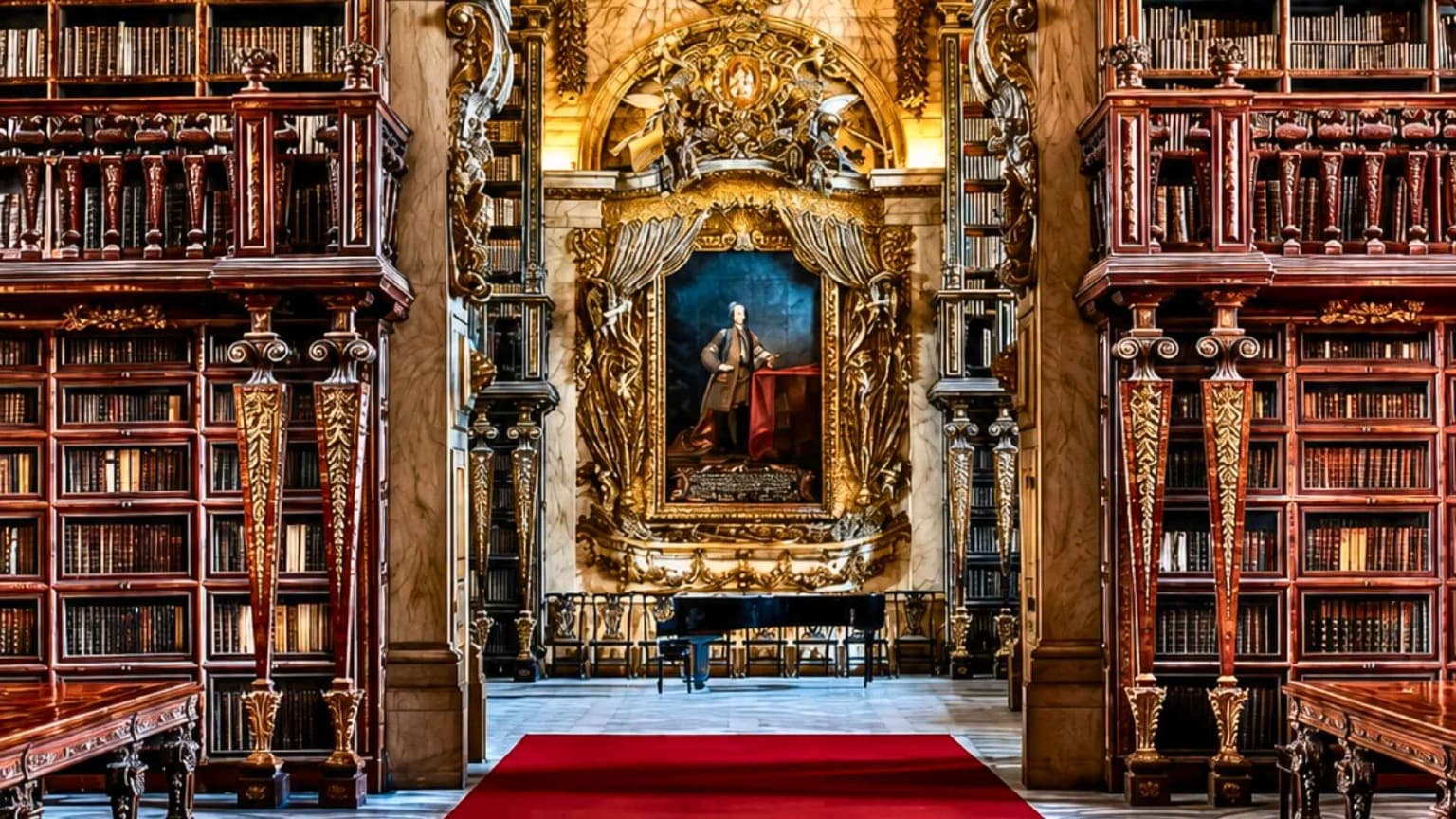 Interior barroco da Biblioteca Joanina na Universidade de Coimbra