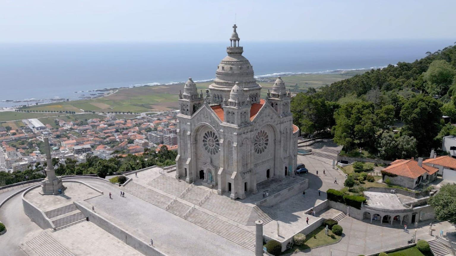 Aerial view of Santa Luzia Sanctuary with its neo-Byzantine architecture and panoramic views of the sea and town.