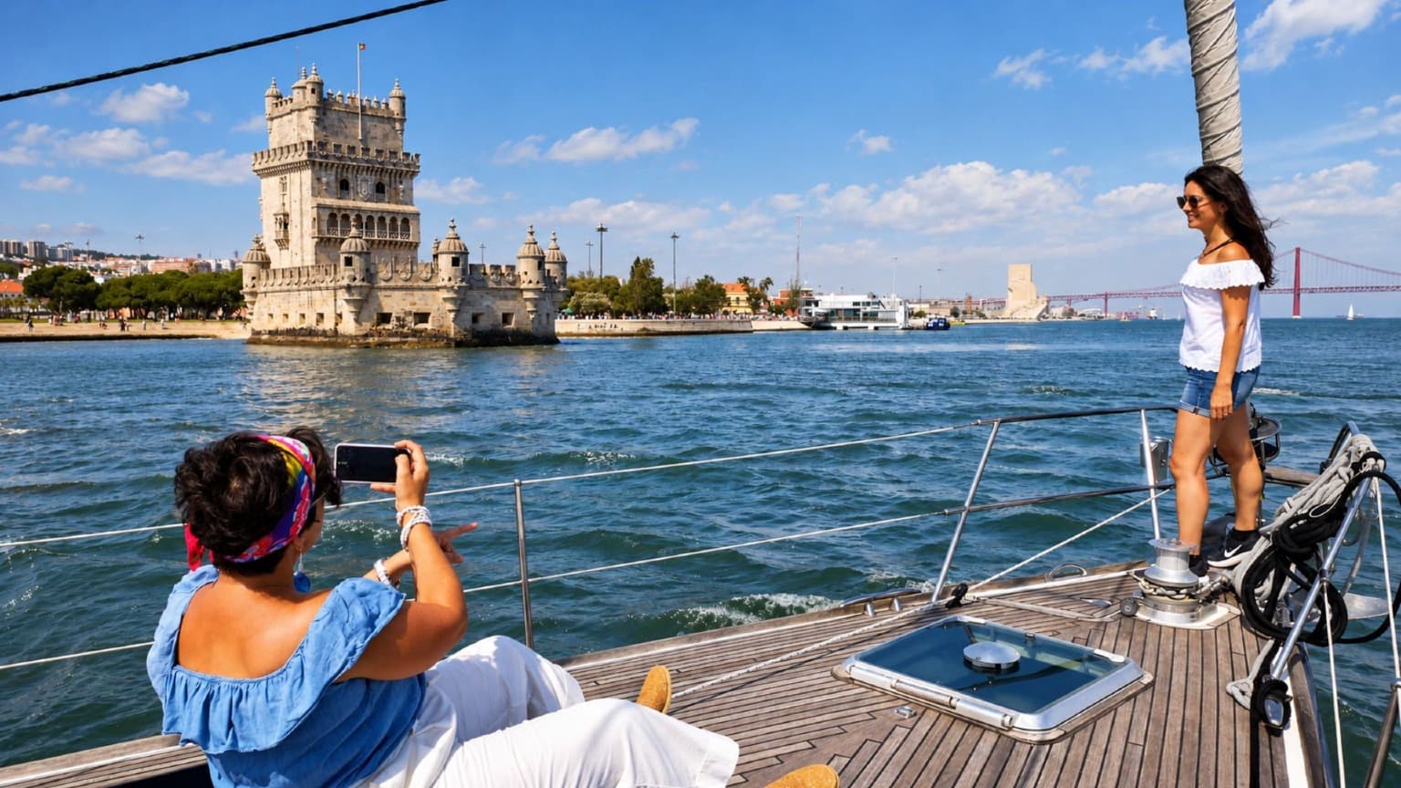 Des voyageurs à bord d’un voilier admirant la vue sur la tour de Belém depuis le Tage