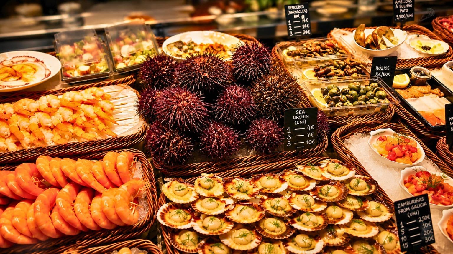 Marisco fresco e moluscos expostos no Mercado do Bolhão, no Porto