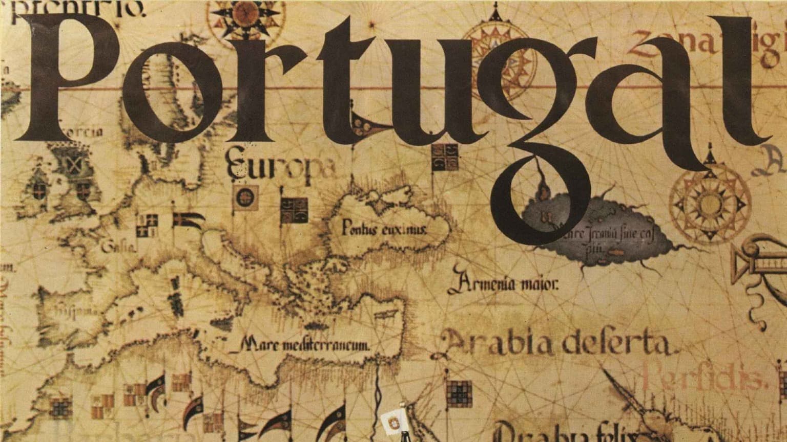 Ilustração de estilo antigo de um mapa de Portugal com o nome do país em destaque