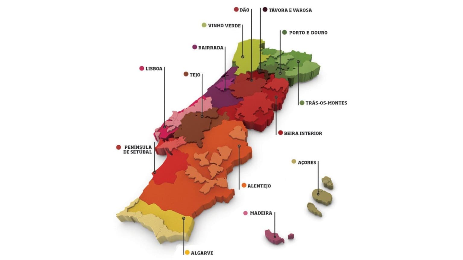 Mapa colorido de Portugal destacando as 14 regiões vinícolas oficiais, desde o Vinho Verde ao Algarve, passando pelos Açores e Madeira
